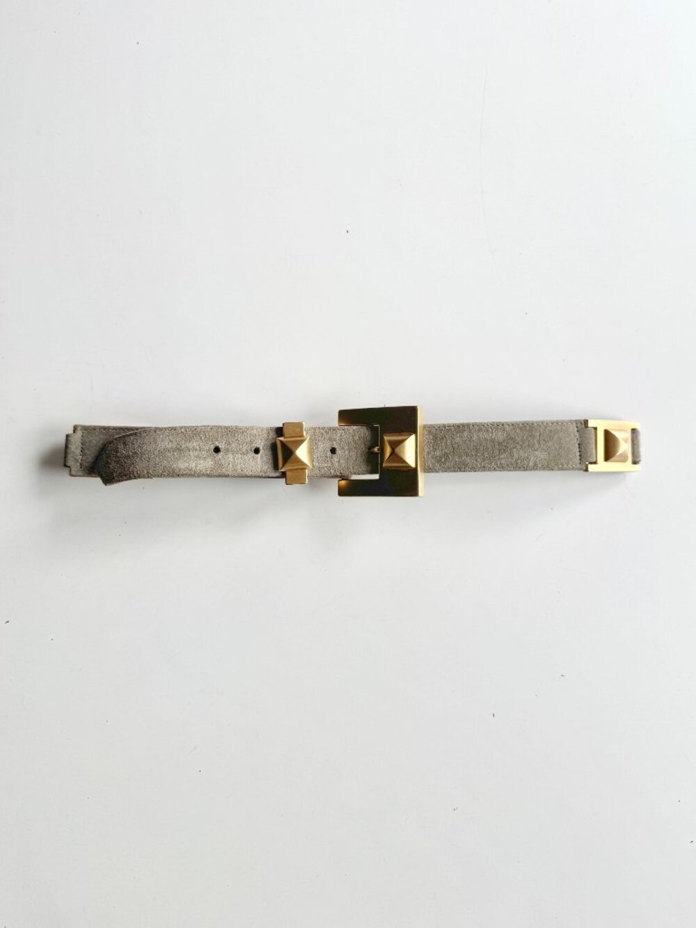 Vintage DANIER Taupe Grey Suede Leather Gold Pyramid Stud Belt, Size S